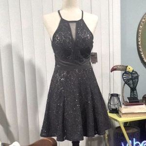 Morgan & Co. charcoal/nude sequined floral halter sleeveless dress